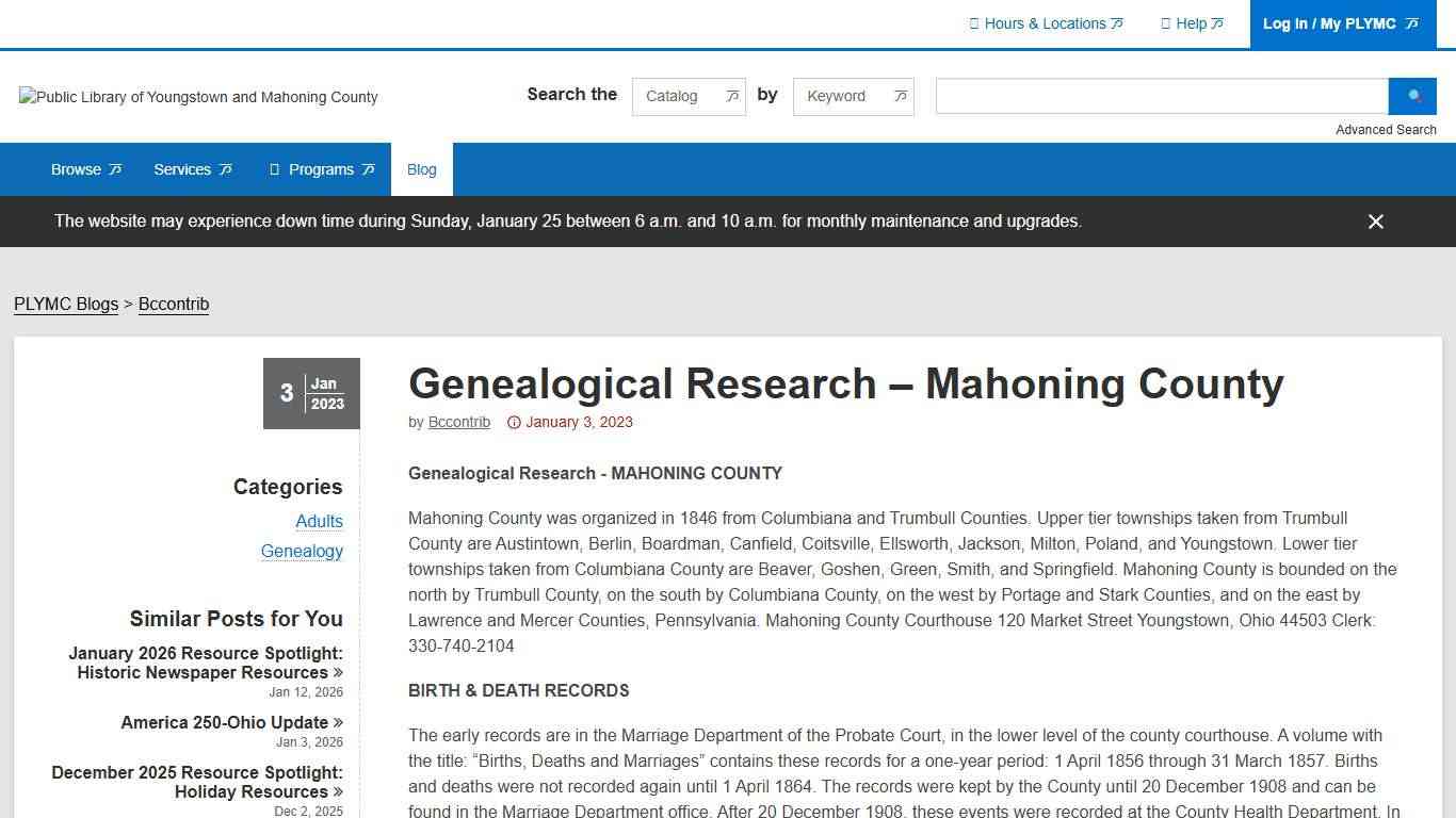 Genealogical Research – Mahoning County The Public Library of Youngstown & Mahoning County