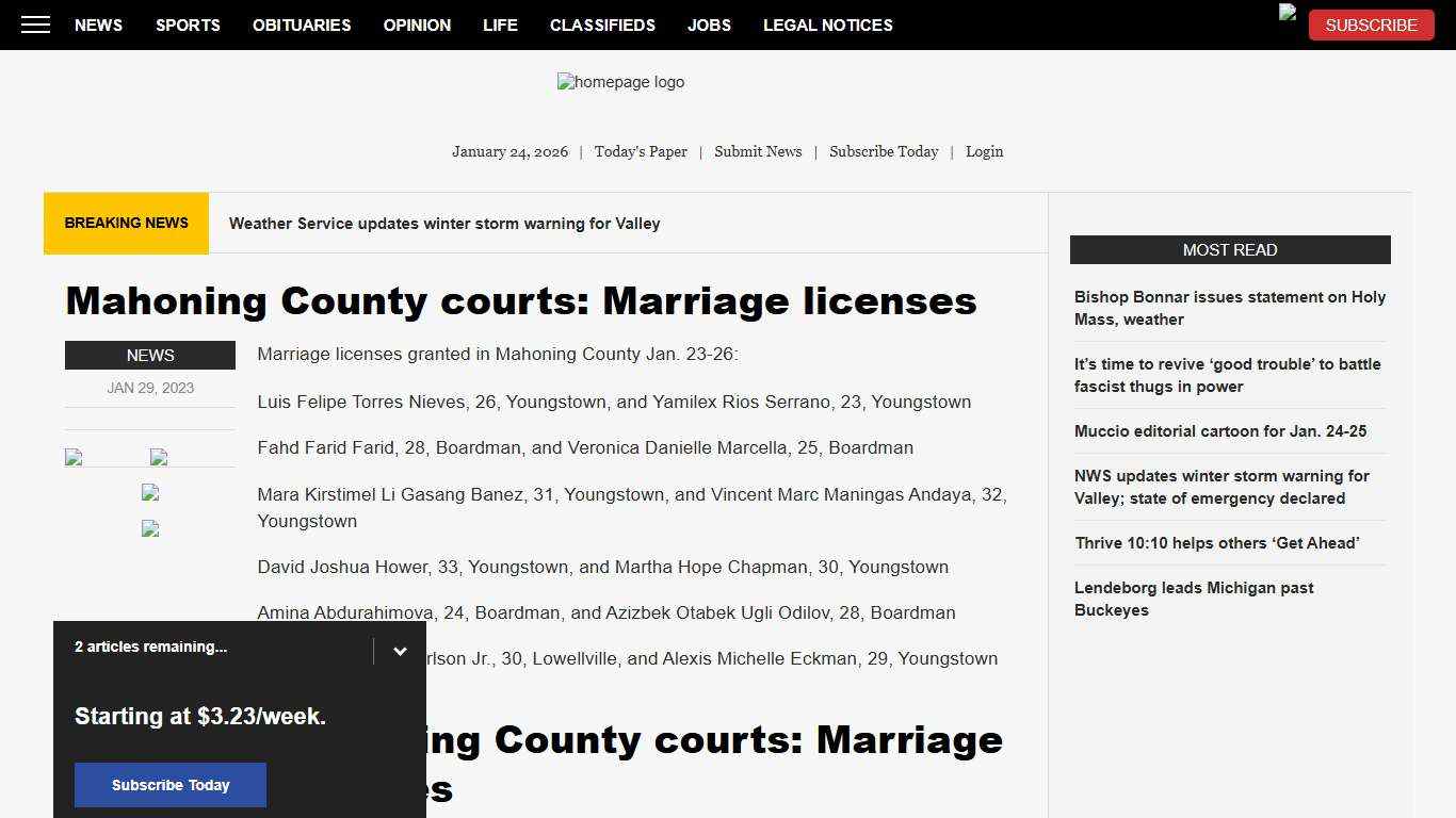 Mahoning County courts: Marriage licenses News, Sports, Jobs - The Vindicator