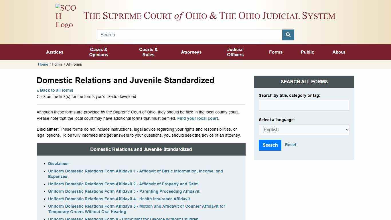 Domestic Relations and Juvenile Standardized Forms » Supreme Court of Ohio