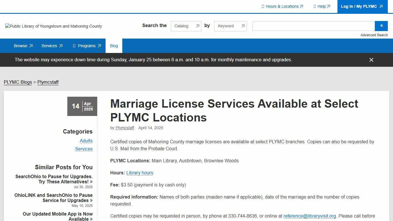Marriage License Services Available at Select PLYMC Locations The Public Library of Youngstown & Mahoning County