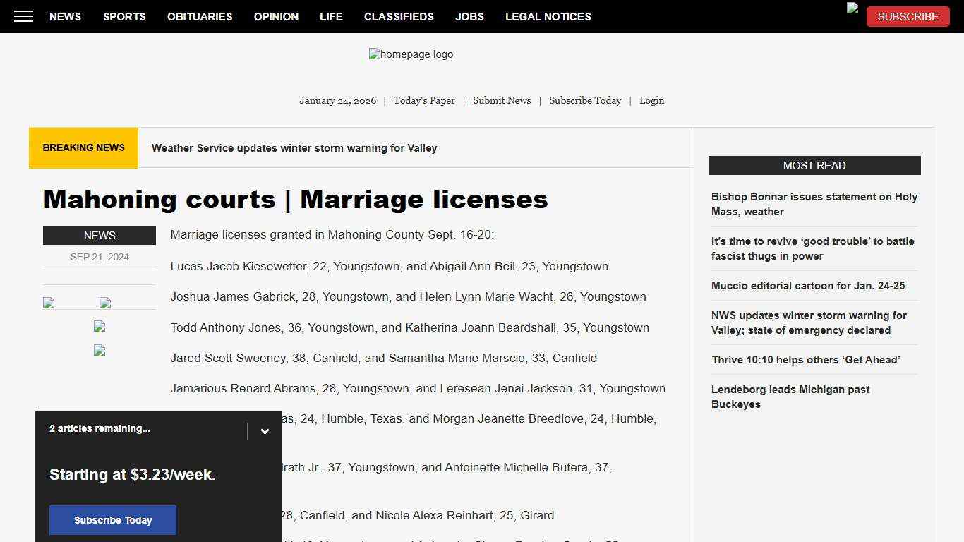 Mahoning courts Marriage licenses News, Sports, Jobs - The Vindicator